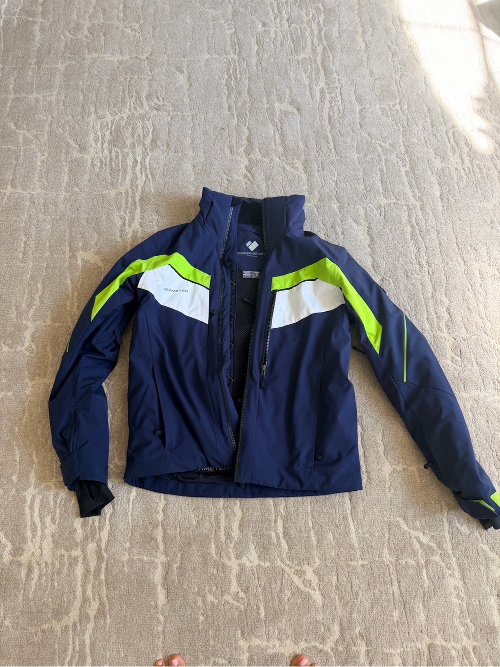 Obermeyer Insulated Chroma Navy Blue Ski Jacket with Neon Green & White Accents